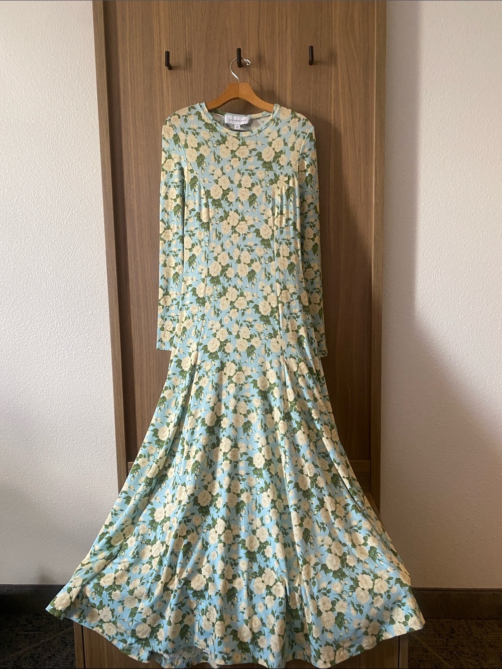 Les Reveries floral soft cotton flowy, backless, long sleeve paneled dress.